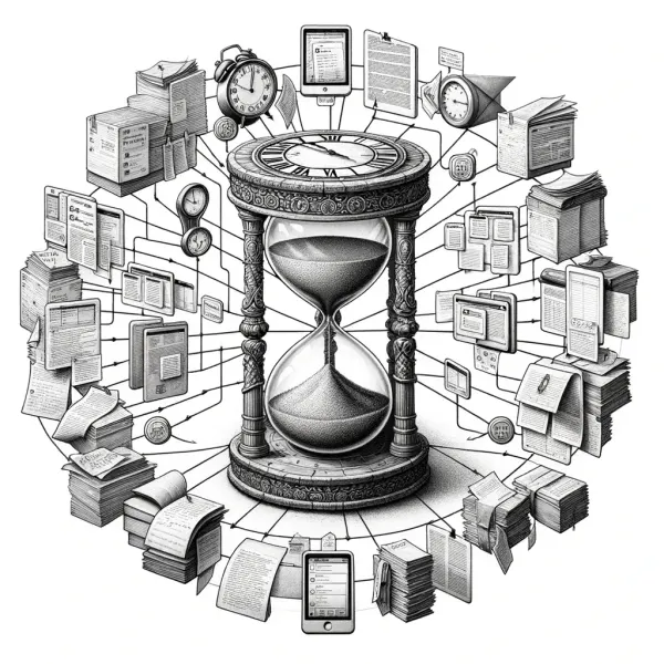 Hourglass surrounded by notes and devices, showing knowledge anchored to time