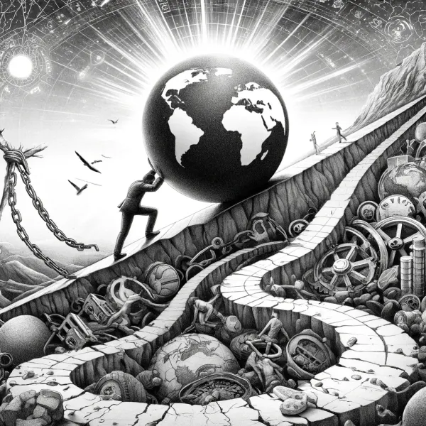 Person pushing a giant Earth uphill past broken gears, illustrating resistance to change