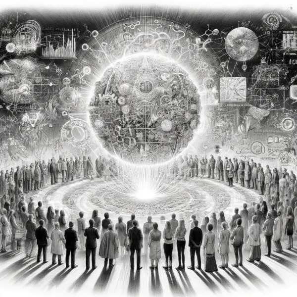 Crowd gathered around a glowing AI sphere radiating knowledge; humans engaging with generative AI.