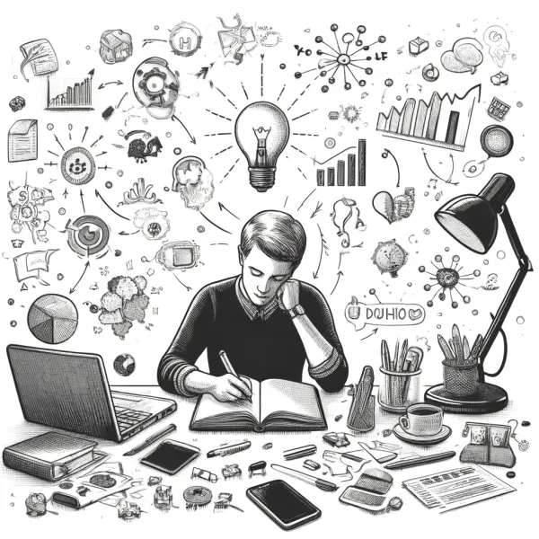 A solopreneur writing in a journal at a cluttered desk, ideas and charts radiating outward