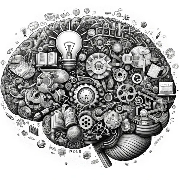 Brain filled with books, gears and tools, depicting meta-learning as learning how to learn