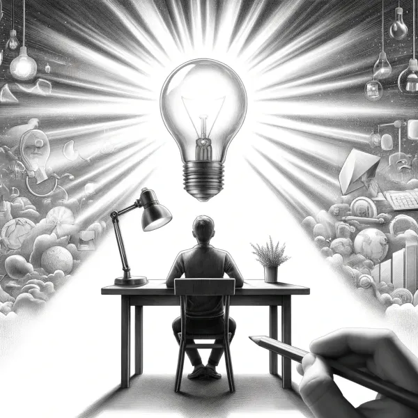 A focused worker at a desk under a glowing lightbulb; single daily goal as mental clarity.