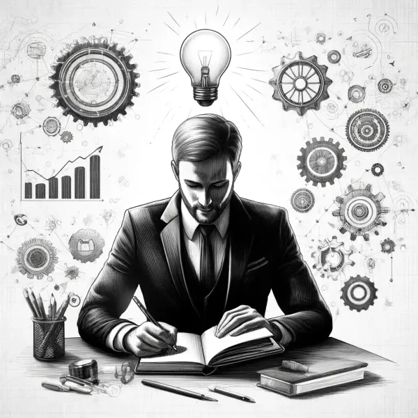 A founder journaling at a desk as gears, charts and a lit bulb swirl around them