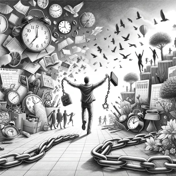 Person breaking free from chains and clocks, symbolizing escaping the grind to pursue happiness