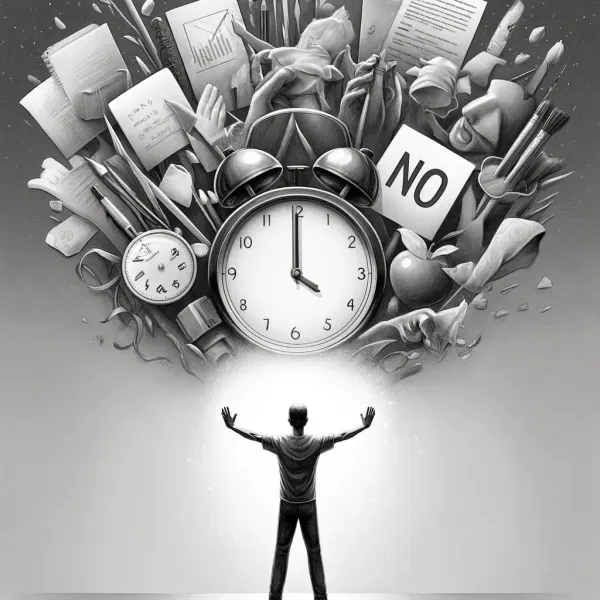 A person pushing back a cloud of clocks, tasks and a NO sign, illustrating non-goals as protective boundaries