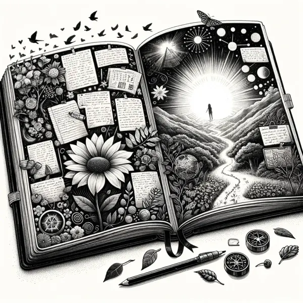 Open journal blending memories and a sunlit path, capturing journaling as a tool for growth