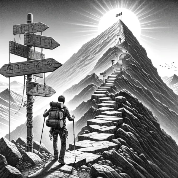 Hiker at a signpost facing a sunlit mountain path, symbolizing goals giving direction