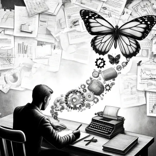 Writer at desk with thoughts transforming into a butterfly, journaling as metamorphosis