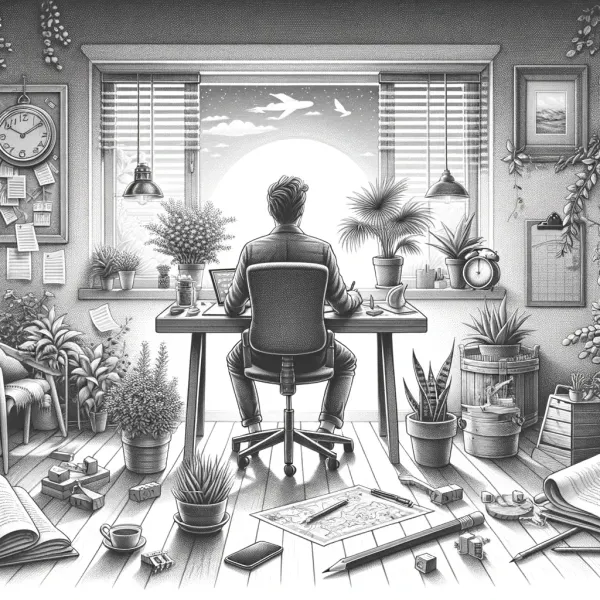 Sketch of a person working calmly at a plant-filled home desk, the calm-business ideal