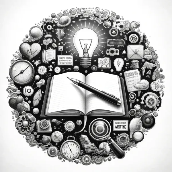 Open book circled by writing symbols, showing writing as a hub skill for knowledge work