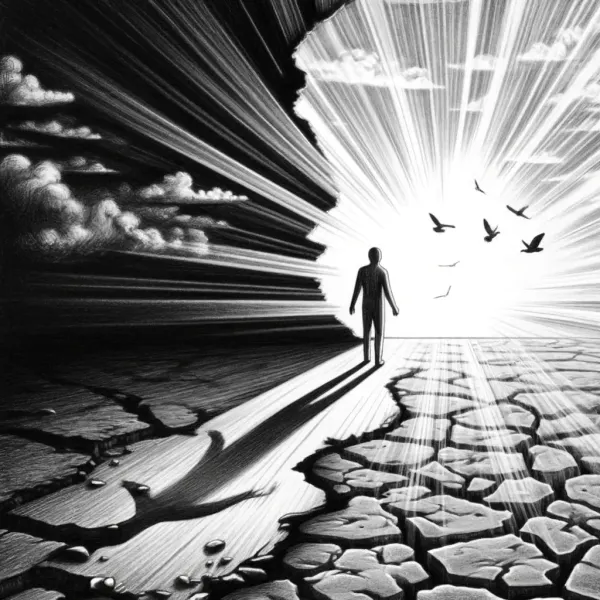 Person stepping from cracked darkness into bright open sky, optimism as freedom and possibility