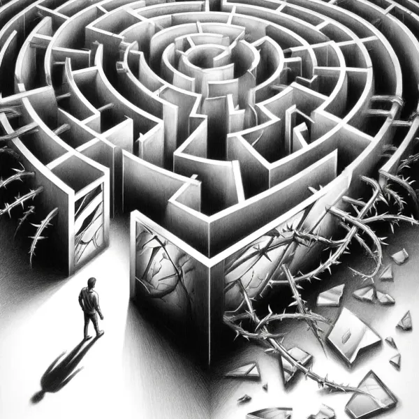 Person facing a maze wrapped in thorns and broken glass; perfectionism as a trap.