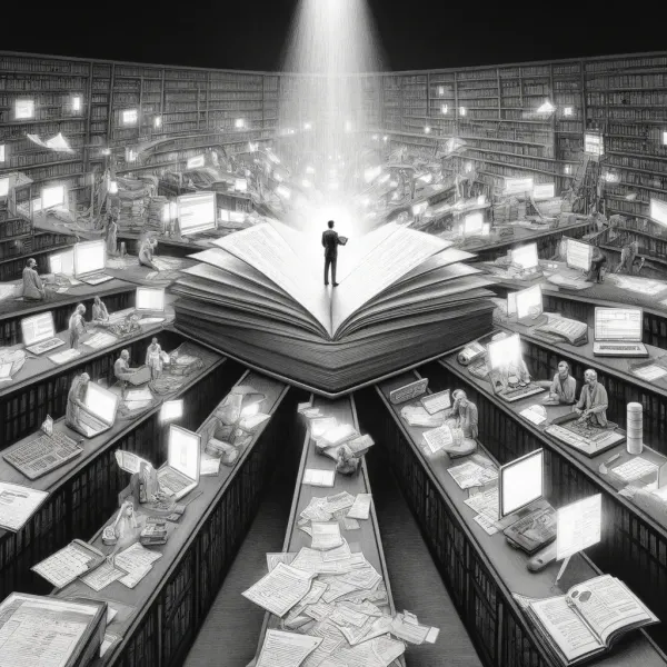 A lone figure atop one giant open book at the center of a vast library, illustrating a single source of truth