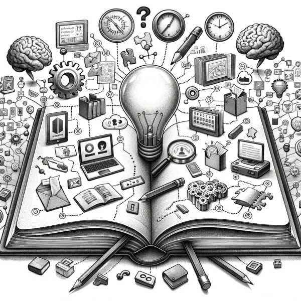 Open book with a lightbulb surrounded by icons for ideas, tools and brains, illustrating PKM practices