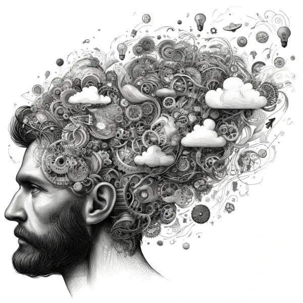 Illustration of a head overflowing with gears and cloud-thoughts, mental context overload