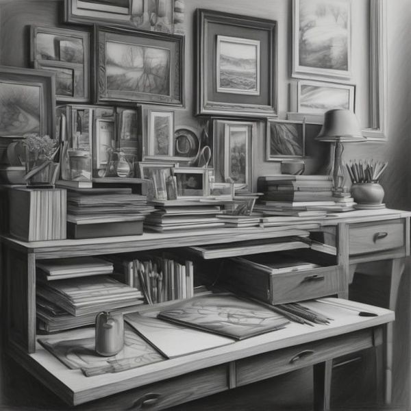 Cluttered desk overflowing with books and frames, the disorder that a personal organization system fixes