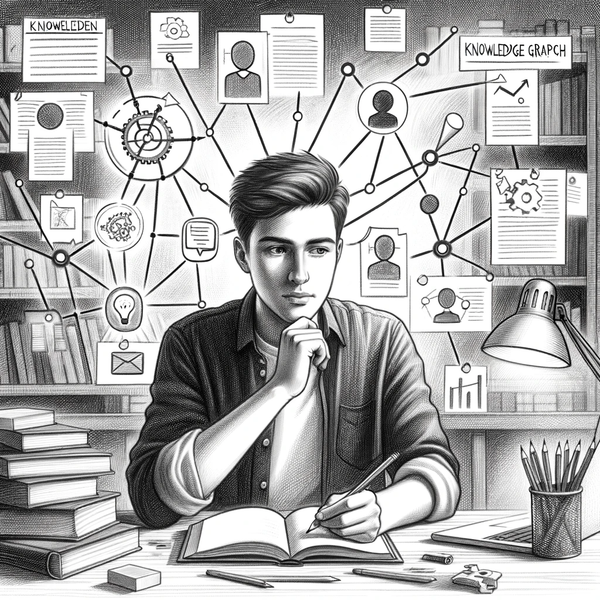 Sketch of a knowledge worker at a desk surrounded by connected ideas on a wall