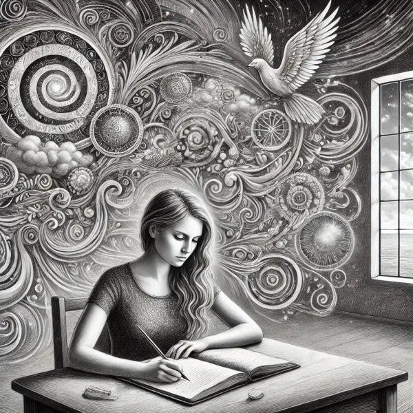 Writer externalizing swirling thoughts onto paper to free her mind