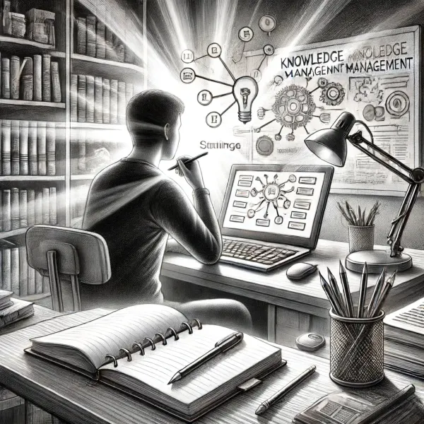 Person at desk building a knowledge management system on screen and paper