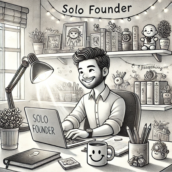 Sketch of a smiling solo founder at a tidy desk working on a laptop