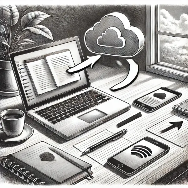 Sketch of laptop, phone, and notebook syncing notes through a cloud