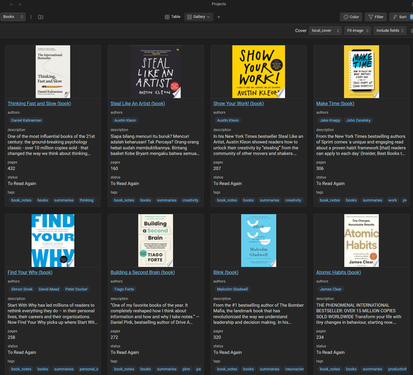 Obsidian Projects plugin gallery view displaying book notes as cards with covers