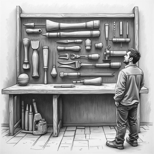 Craftsman studying a wall of tools, illustrating mastery over tool-chasing