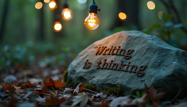 Stone carved with 'Writing is thinking' under glowing bulbs, framing notes as a thinking practice