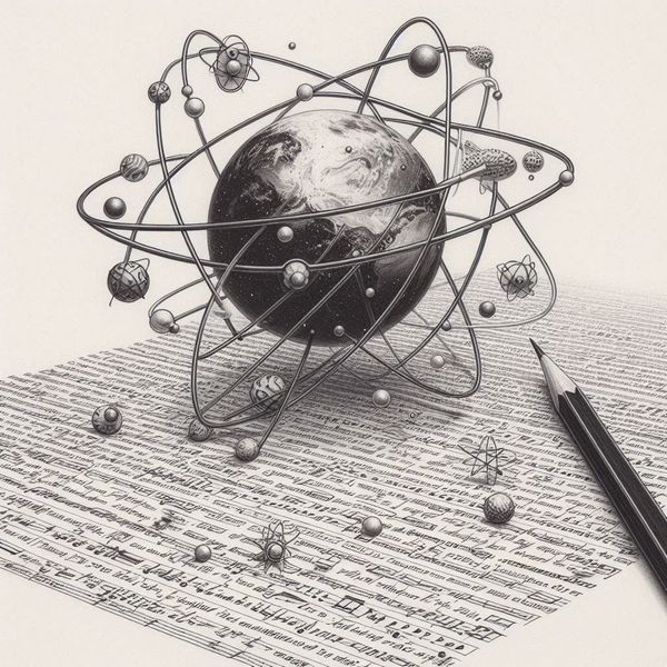 Atomic notes orbiting a globe over a written page, illustrating notes as building blocks for new content