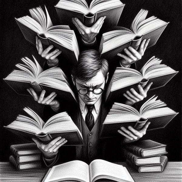 Reader surrounded by many open books at once, illustrating interleaved reading