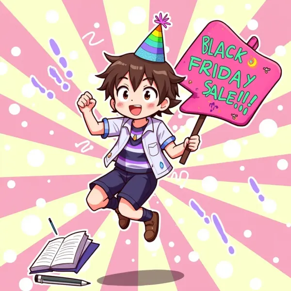 Excited cartoon kid jumping with a Black Friday Sale sign, signalling the 24-hour countdown