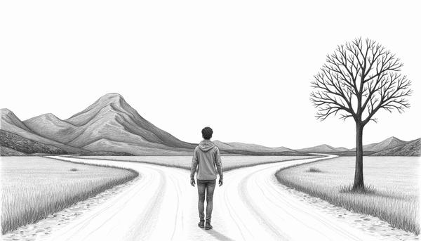 Sketch of a person at a fork in the road, a visual metaphor for choosing a career direction