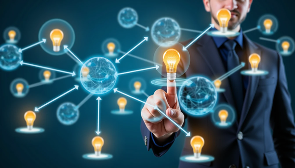 Professional connecting a network of glowing idea bulbs, symbolizing knowledge management linking insights