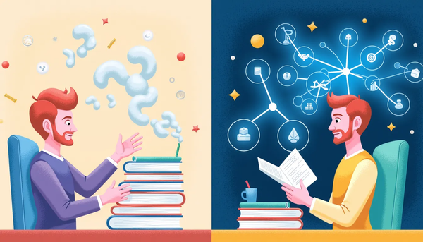Split scene: passive reader with vague thoughts versus active note-taker with connected ideas