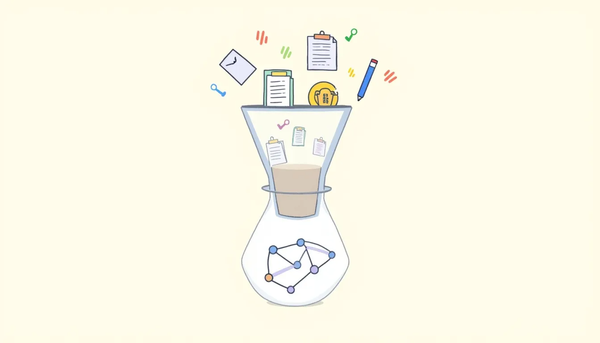Funnel illustration turning raw inputs into connected notes inside a knowledge graph