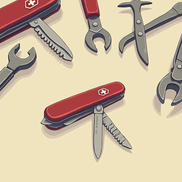 Swiss Army knife among scattered tools, evoking choosing one tool that does the job