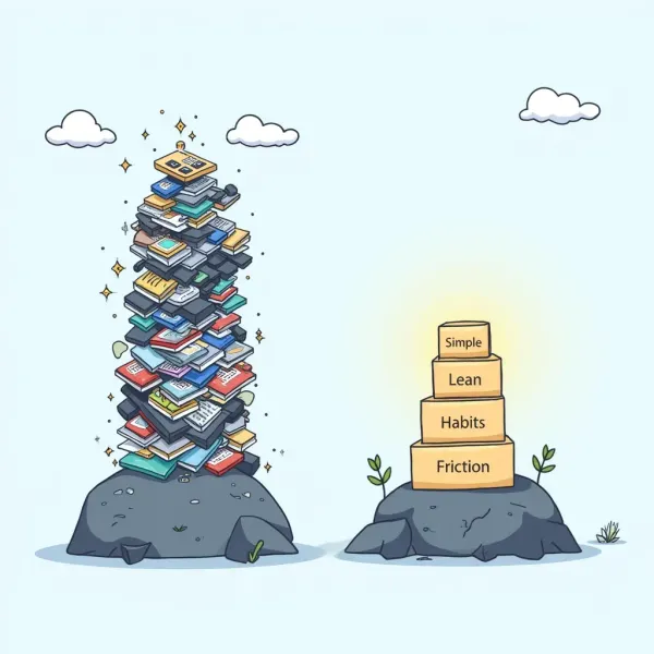 Illustration contrasting a towering pile of tools with a small, simple habit-first foundation
