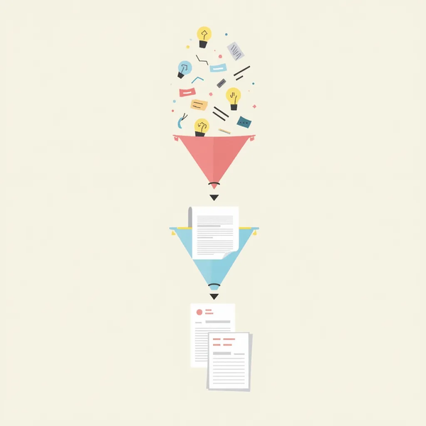 Funnel illustration turning scattered ideas into filtered notes and finished articles