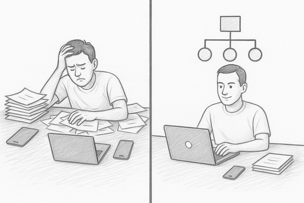 Sketch contrasting an overwhelmed worker buried in papers with one using an organized system