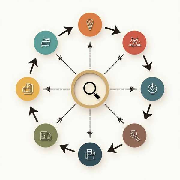 Knowledge management hub diagram with methods radiating from a central search icon