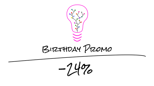 Birthday Promo banner announcing a 24 percent discount with DeveloPassion lightbulb logo