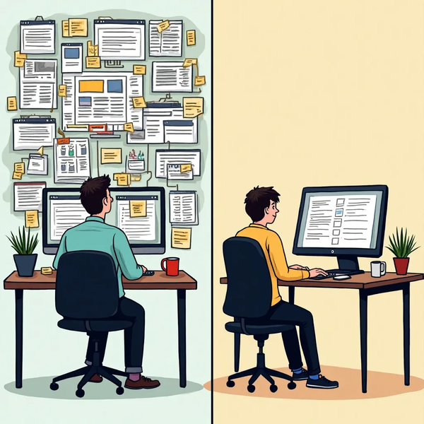 Split scene contrasting chaotic over-customized workspace with calm focused workflow