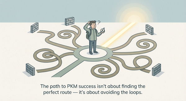 Person at a crossroads of tangled paths, illustrating that PKM success is about avoiding loops, not finding the perfect route