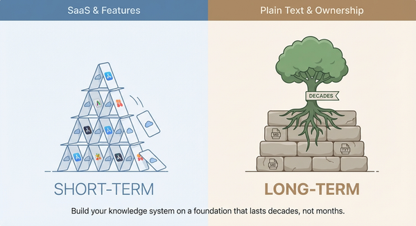 Split illustration contrasting a fragile SaaS pyramid (short-term) with a rooted tree on stone (long-term)
