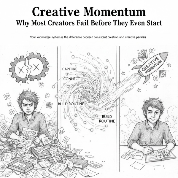 Sketched split scene: creator drowning in notes on the left, rocket of creative momentum on the right