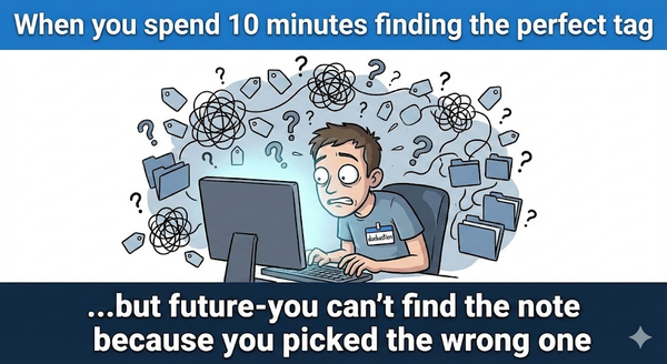 Meme: spending 10 minutes picking the perfect tag, then your future self never finds the note