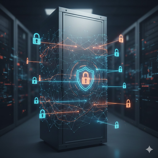 Server rack wrapped in glowing network mesh and padlocks, evoking secure self-hosted infrastructure