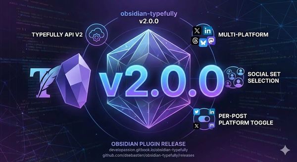 Typefully plugin v2.0.0 release banner highlighting API v2, multi-platform posting and per-post toggles
