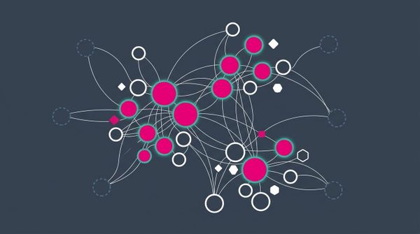 Dense knowledge graph with hub notes, leaves, and orphans revealing wiki structure