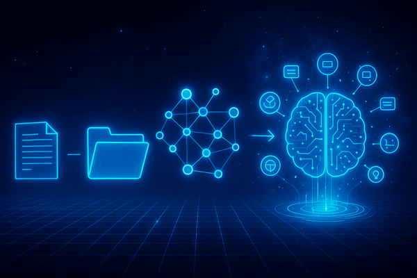 Glowing brain knowledge graph evolving from documents to folders to networked AI-enhanced system